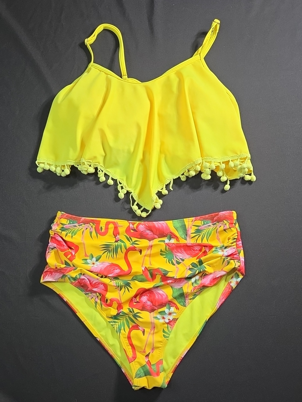 Flamingo Bikini With Yellow & Pink, Pom-poms Accent - Medium